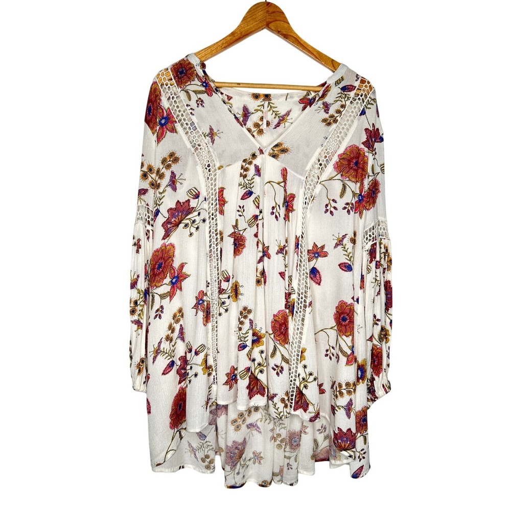 Free People Just The Two Of Us Tunic Dress XS Ivory Floral Boho Crochet Relaxed - Picture 3 of 15